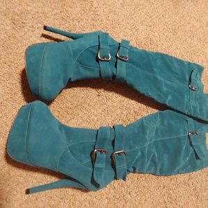 Teal heeled knee high boots